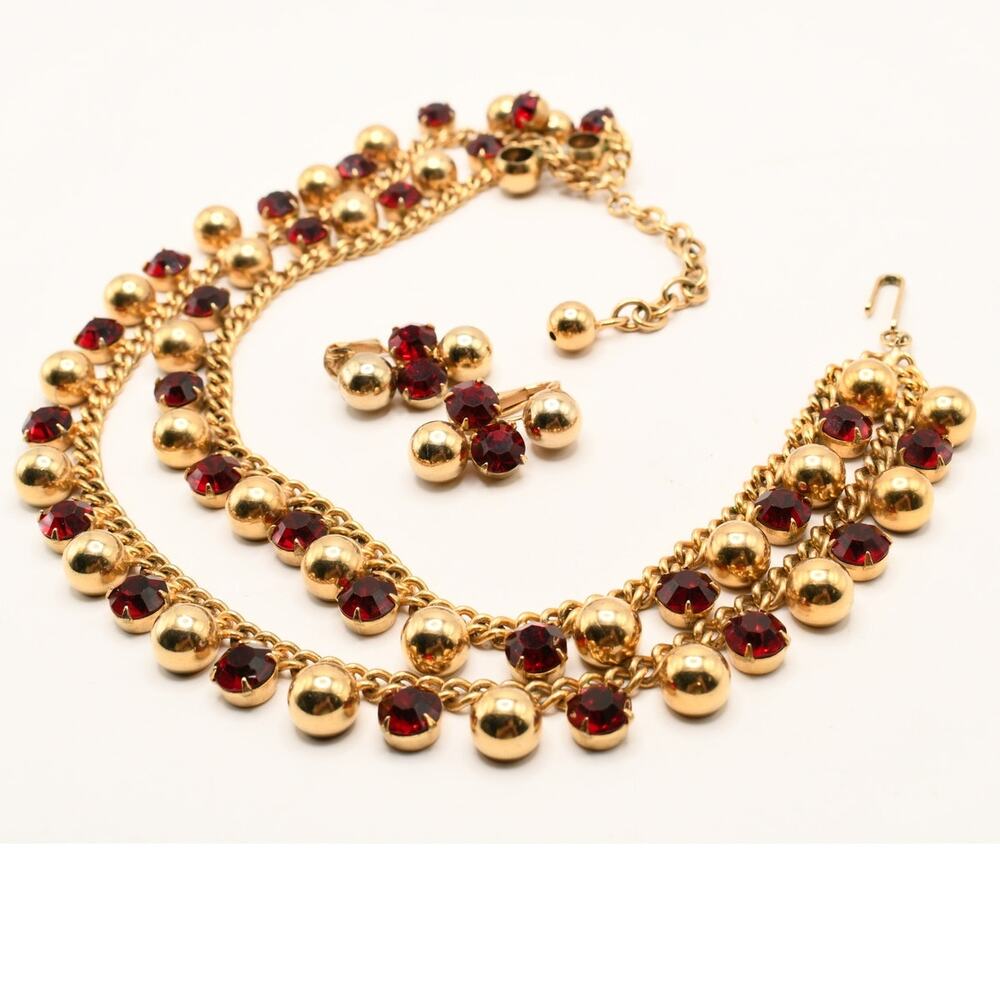 Vintage Red Rhinestone Gold Tone Two Row Necklace Clip Earrings Set